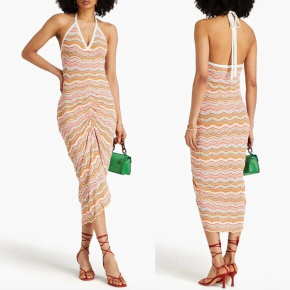 Veronica Beard Multicolor Chevron Wave Knit Halter Midi Dress Ruched Size S